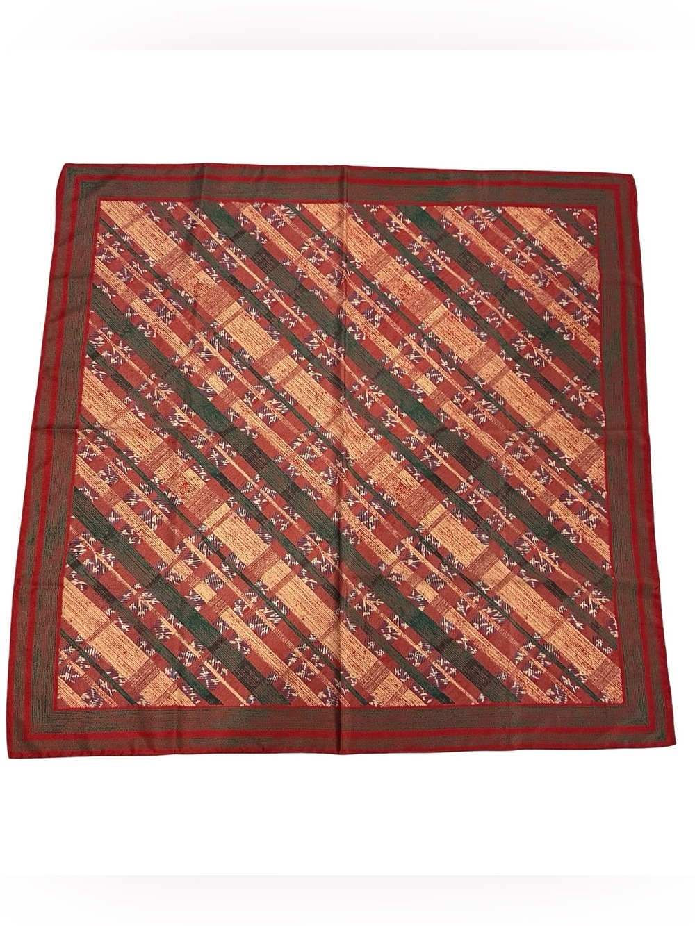 Vtg Pure Silk Diagonal Plaid Square Scarf Bandana Red Green Gold 26x26 Hand Roll
